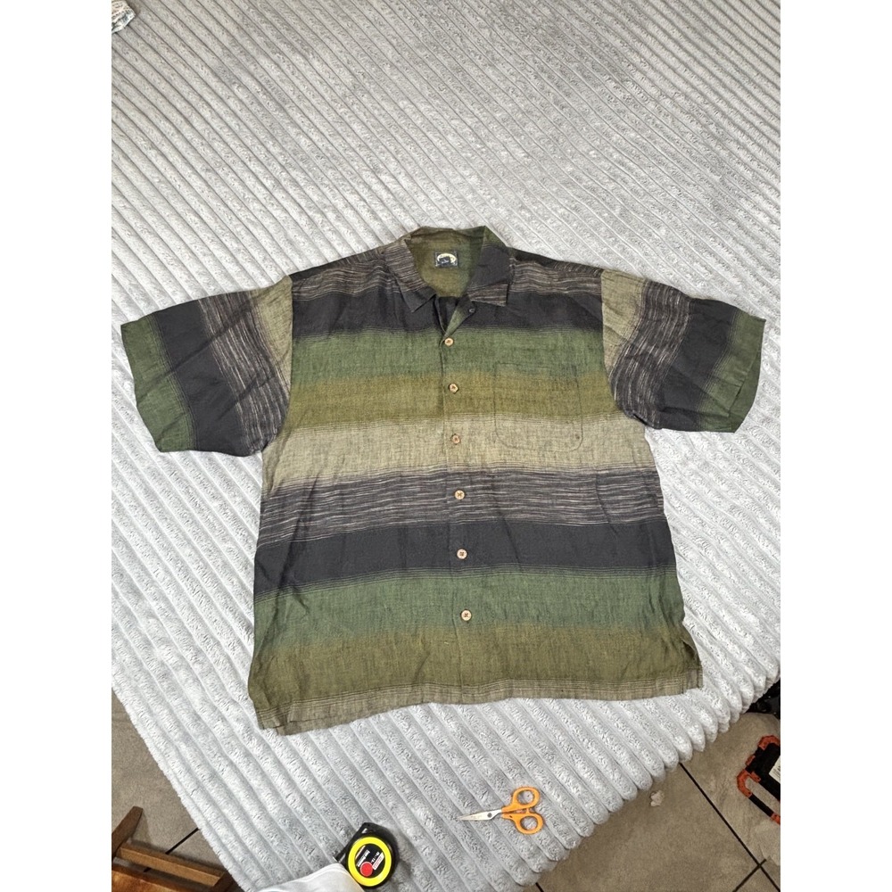Tommy‎ Bahama 100% Linen Ombre Green/Stripe XL Men's Aloha Hawaiian shirt
